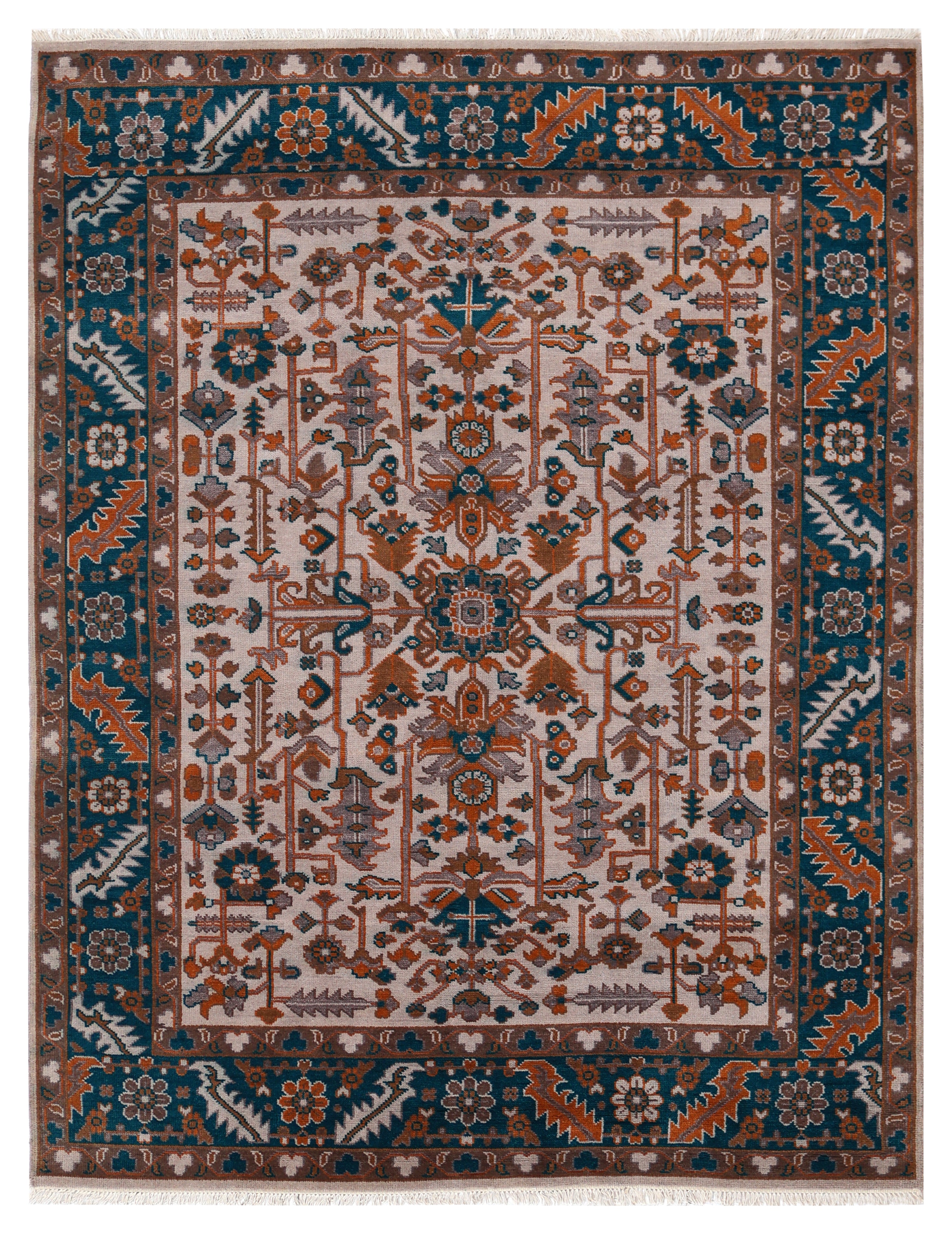 8x10 Ivory Teal Rust Turkish Oushak Floral Hand Knotted Wool