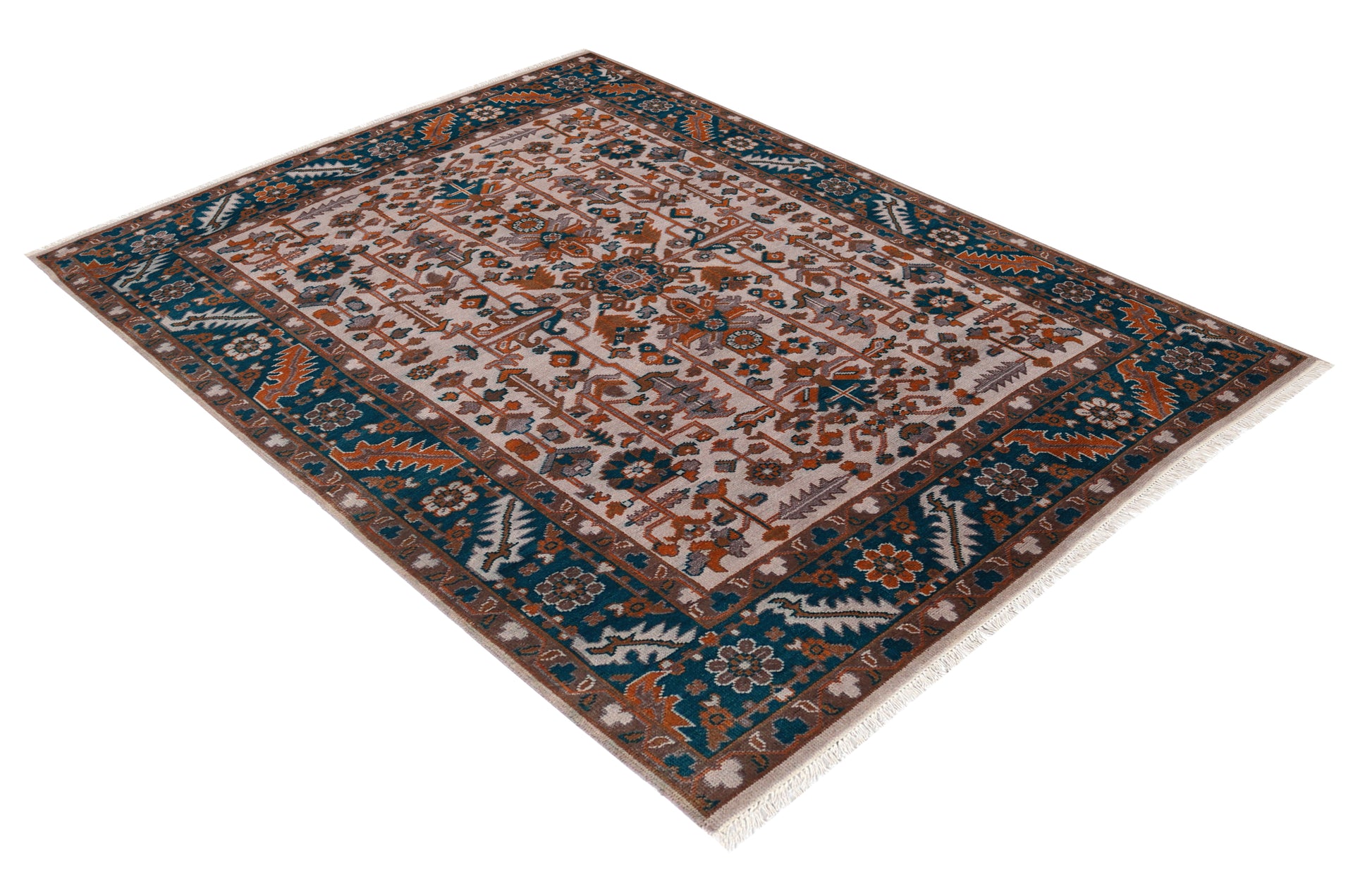 8x10 Ivory Teal Rust Turkish Oushak Floral Hand Knotted Wool Vintage Style Area Rug