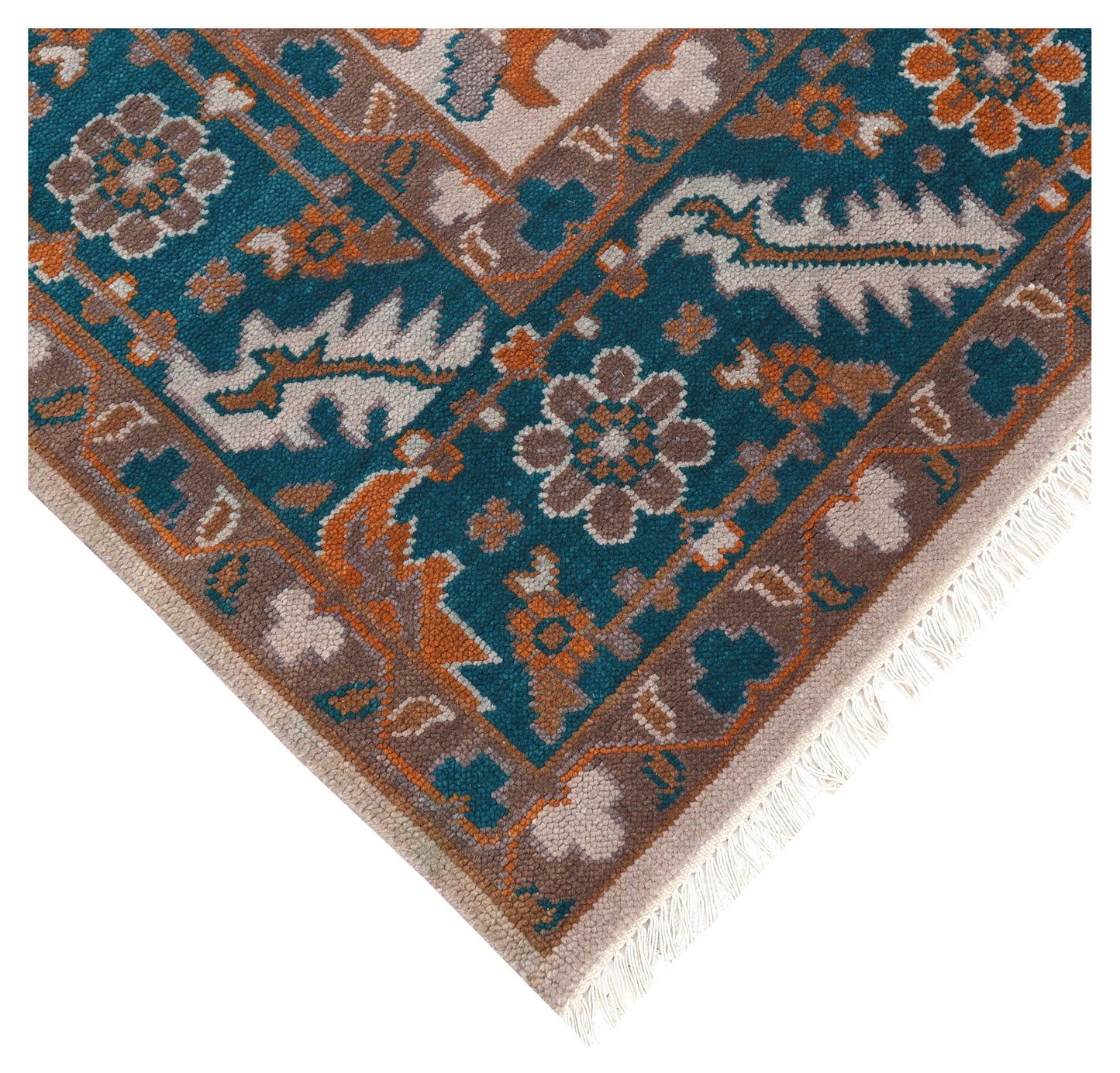 8x10 Ivory Teal Rust Turkish Oushak Floral Hand Knotted Wool Vintage Style Area Rug