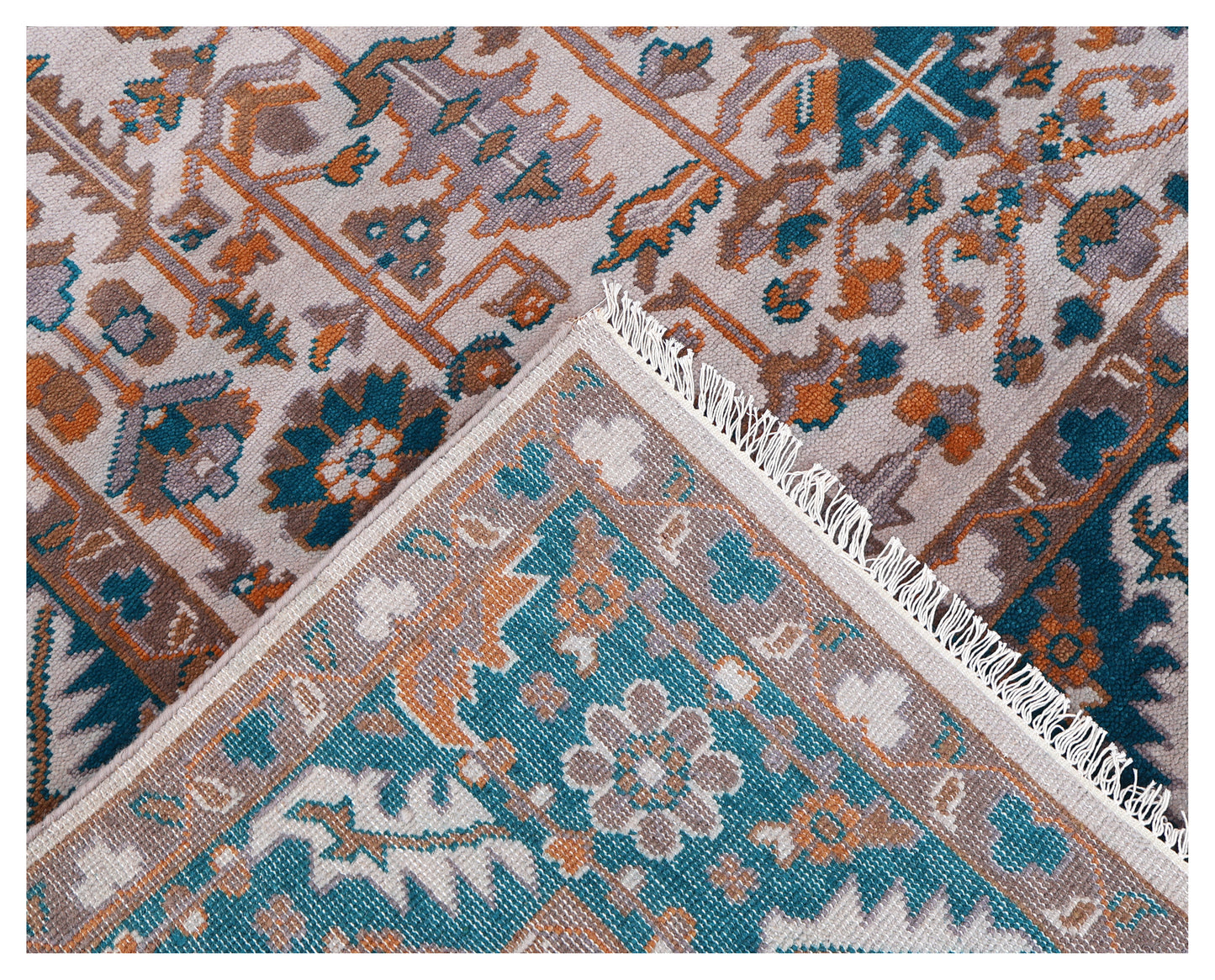 8x10 Ivory Teal Rust Turkish Oushak Floral Hand Knotted Wool Vintage Style Area Rug