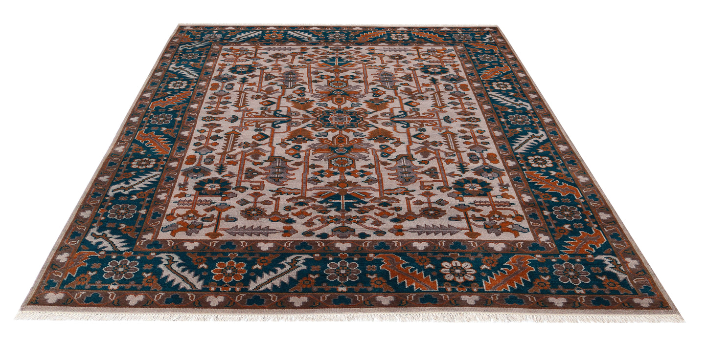 8x10 Ivory Teal Rust Turkish Oushak Floral Hand Knotted Wool Vintage Style Area Rug