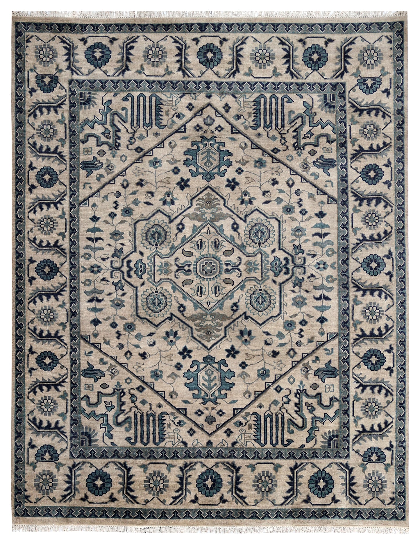 Vintage Style Ivory Beige Teal Navy Traditional Heriz Medallion Floral Hand Knotted Turkish Wool 8x10 Bhadohi Area Rug