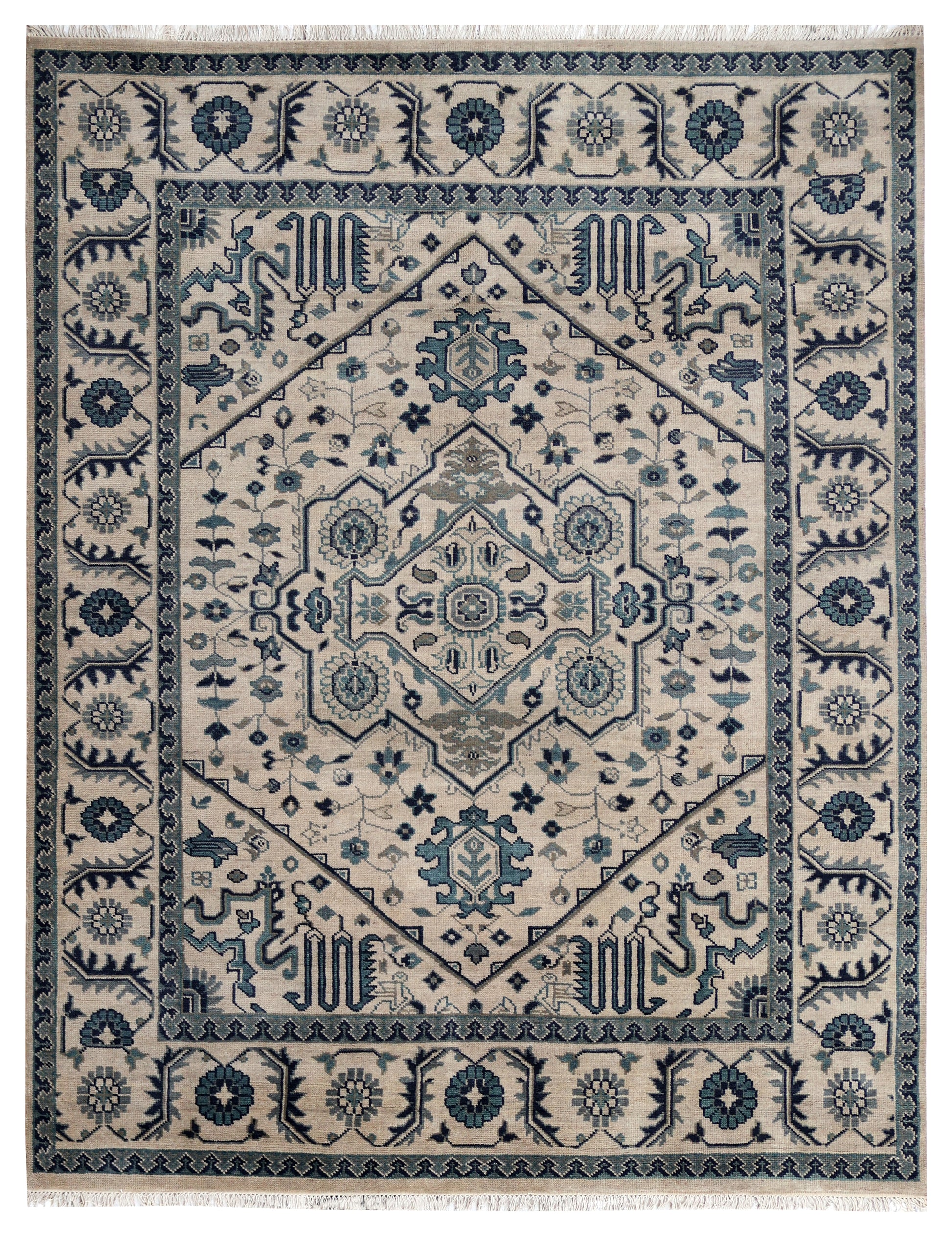Vintage Style Ivory Beige Teal Navy Traditional Heriz Medallion Floral Hand Knotted Turkish Wool 8x10 Bhadohi Area Rug