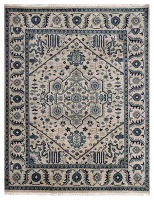 Vintage Style Ivory Beige Teal Navy Traditional Heriz Medallion Floral Hand Knotted Turkish Wool 8x10 Bhadohi Area Rug
