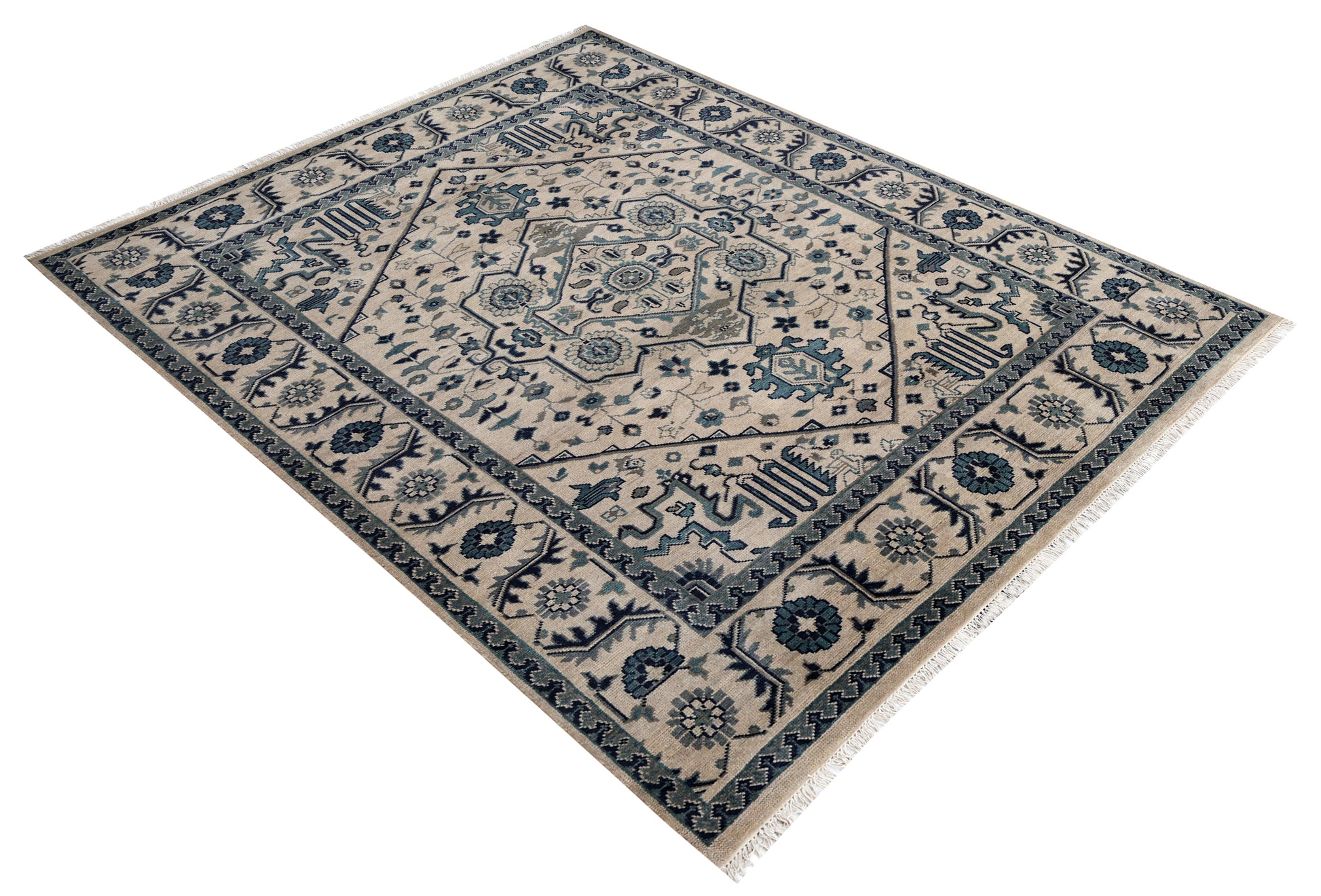 Vintage Style Ivory Beige Teal Navy Traditional Heriz Medallion Floral Hand Knotted Turkish Wool 8x10 Bhadohi Area Rug
