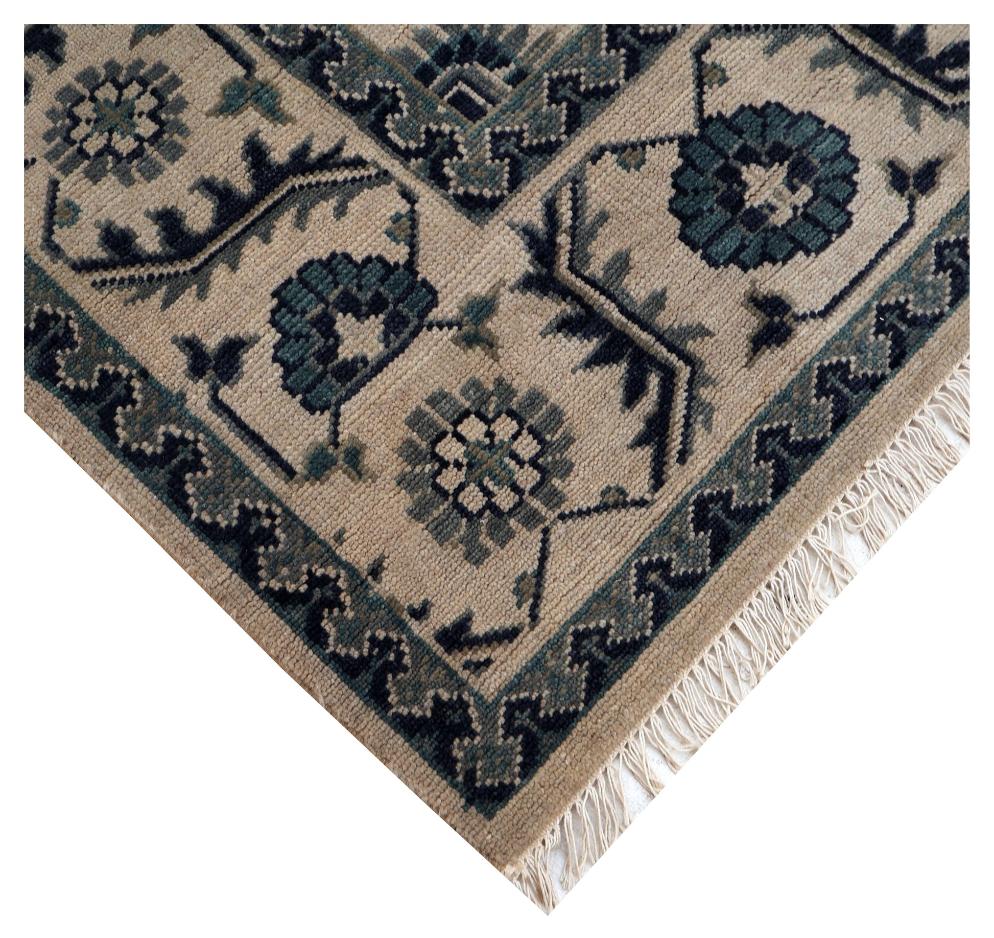 Vintage Style Ivory Beige Teal Navy Traditional Heriz Medallion Floral Hand Knotted Turkish Wool 8x10 Bhadohi Area Rug