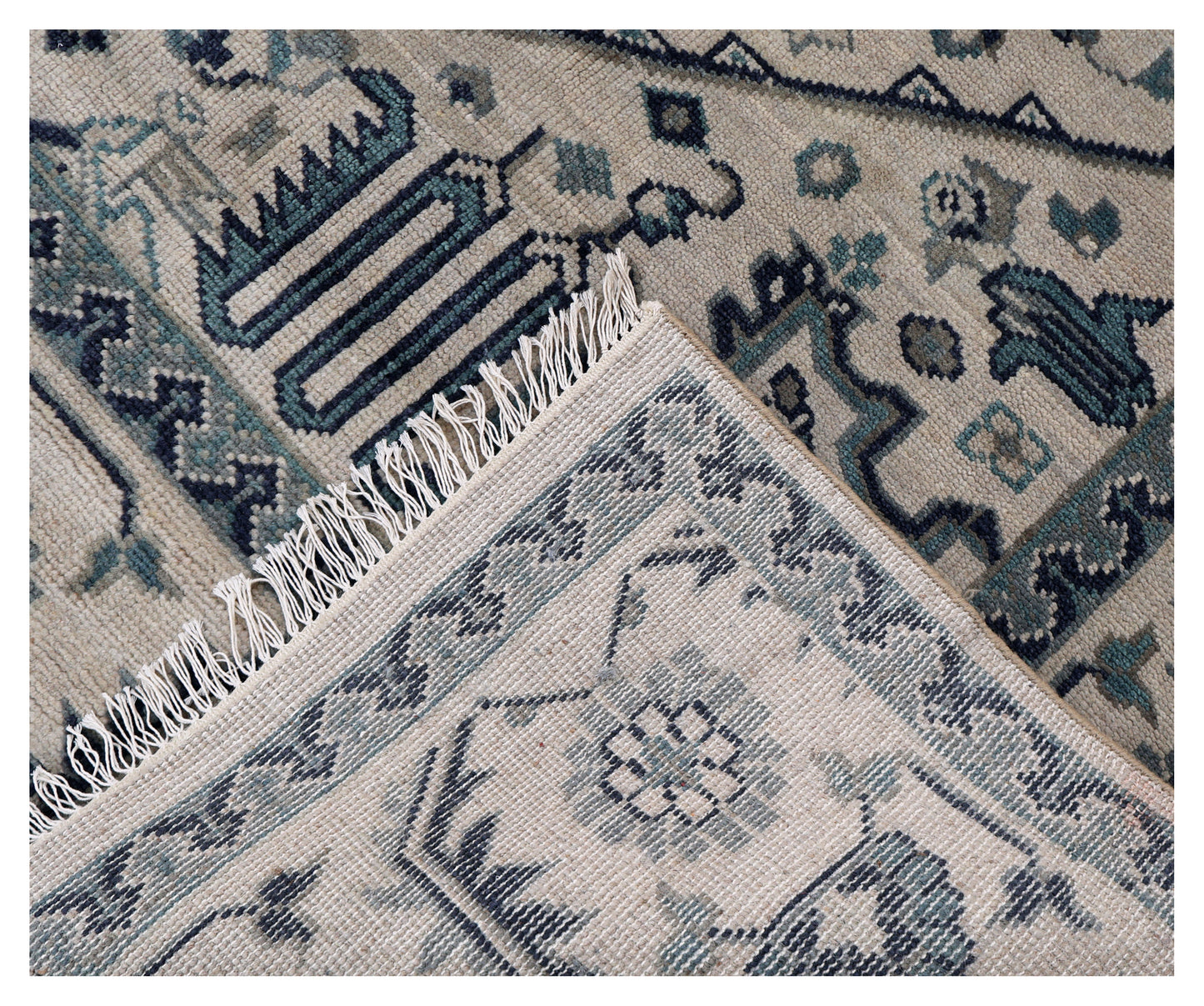Vintage Style Ivory Beige Teal Navy Traditional Heriz Medallion Floral Hand Knotted Turkish Wool 8x10 Bhadohi Area Rug