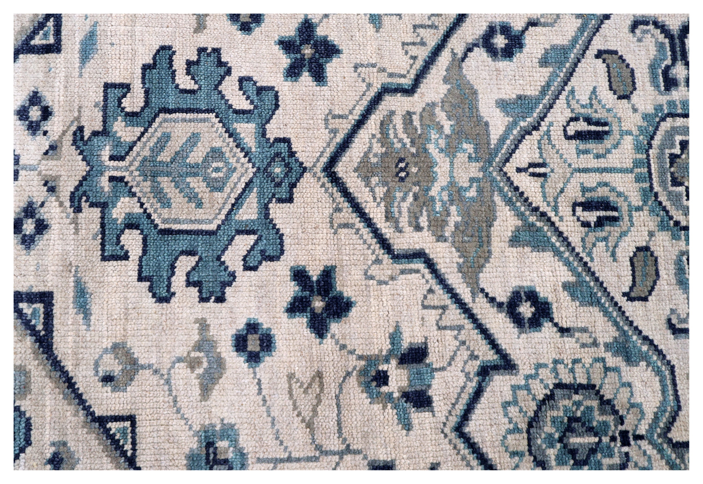 Vintage Style Ivory Beige Teal Navy Traditional Heriz Medallion Floral Hand Knotted Turkish Wool 8x10 Bhadohi Area Rug