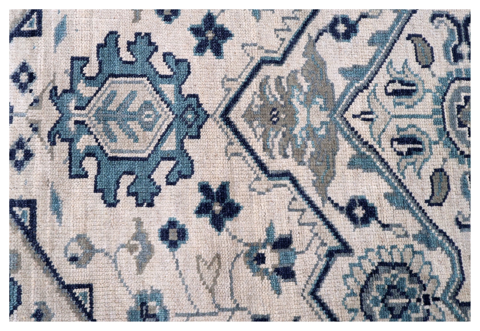 Vintage Style Ivory Beige Teal Navy Traditional Heriz Medallion Floral Hand Knotted Turkish Wool 8x10 Bhadohi Area Rug