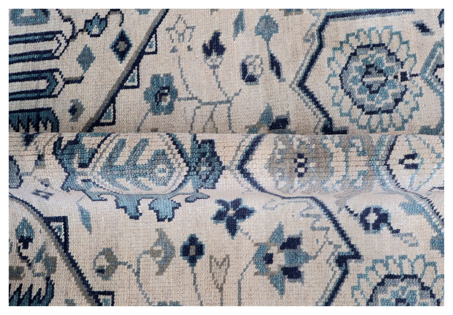 Vintage Style Ivory Beige Teal Navy Traditional Heriz Medallion Floral Hand Knotted Turkish Wool 8x10 Bhadohi Area Rug