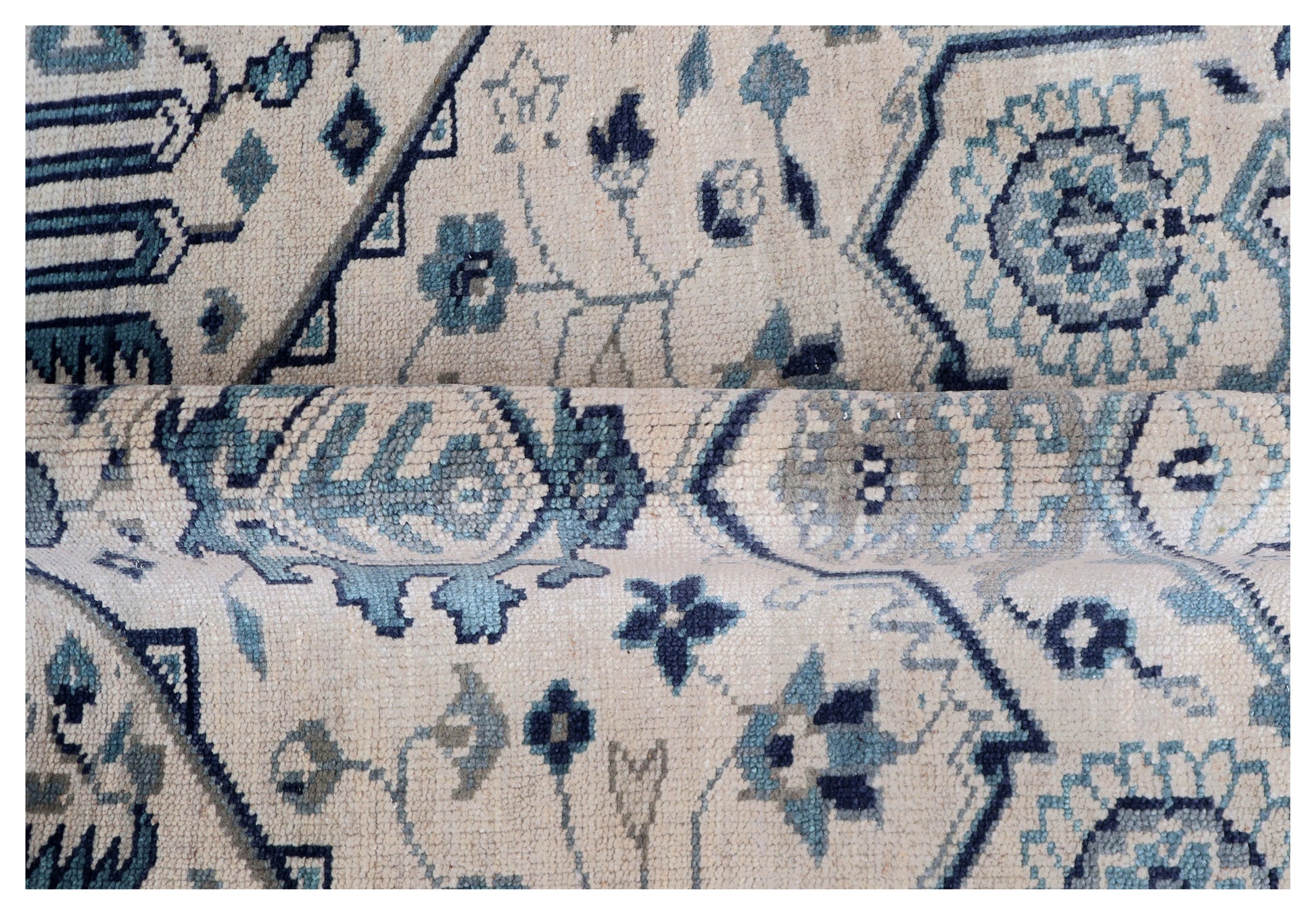 Vintage Style Ivory Beige Teal Navy Traditional Heriz Medallion Floral Hand Knotted Turkish Wool 8x10 Bhadohi Area Rug