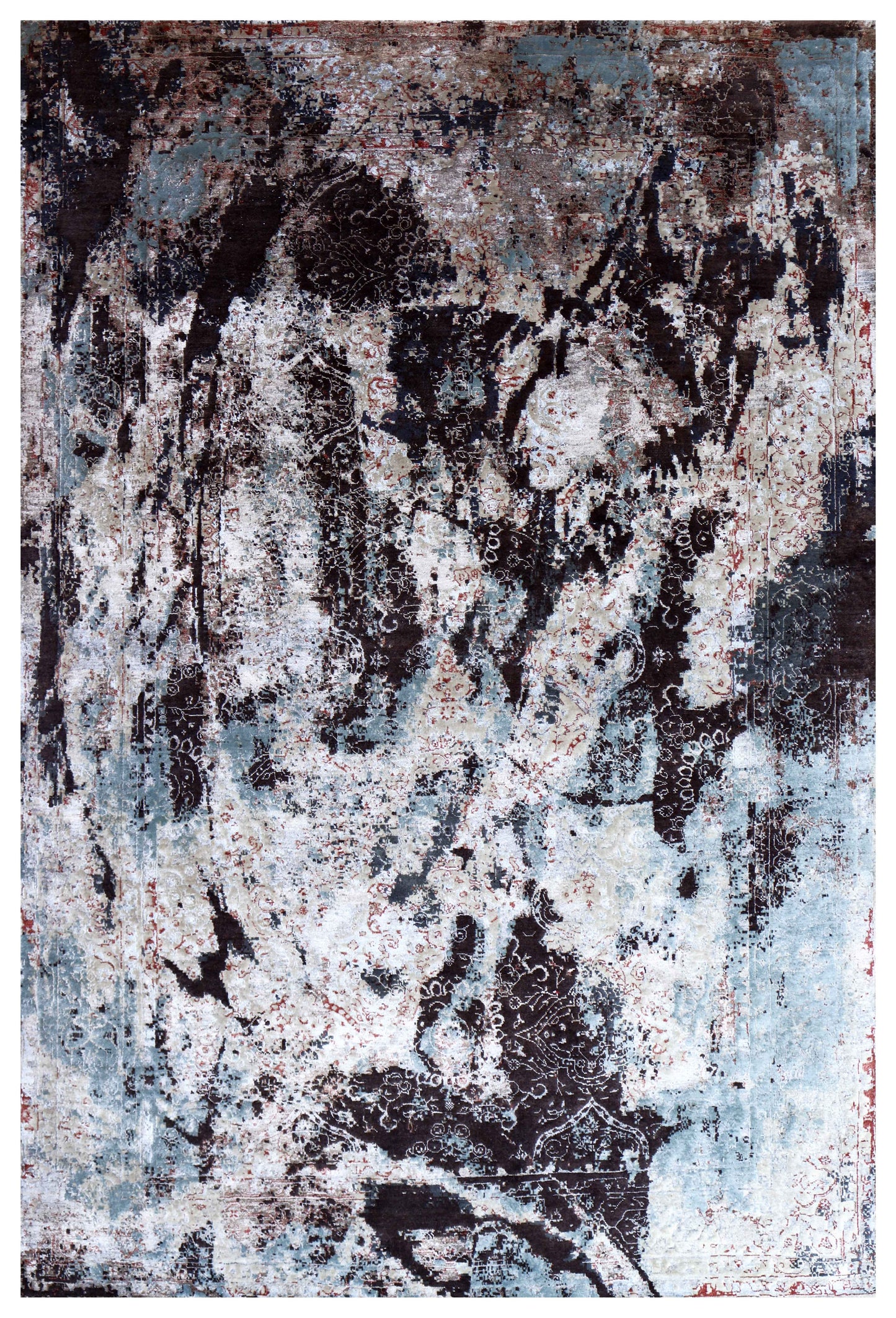 Charcoal Black Silver Ice Blue Crimson Gestural Abstract Hand Knotted Wool Bamboo Silk 6x9 Bhadohi Area Rug