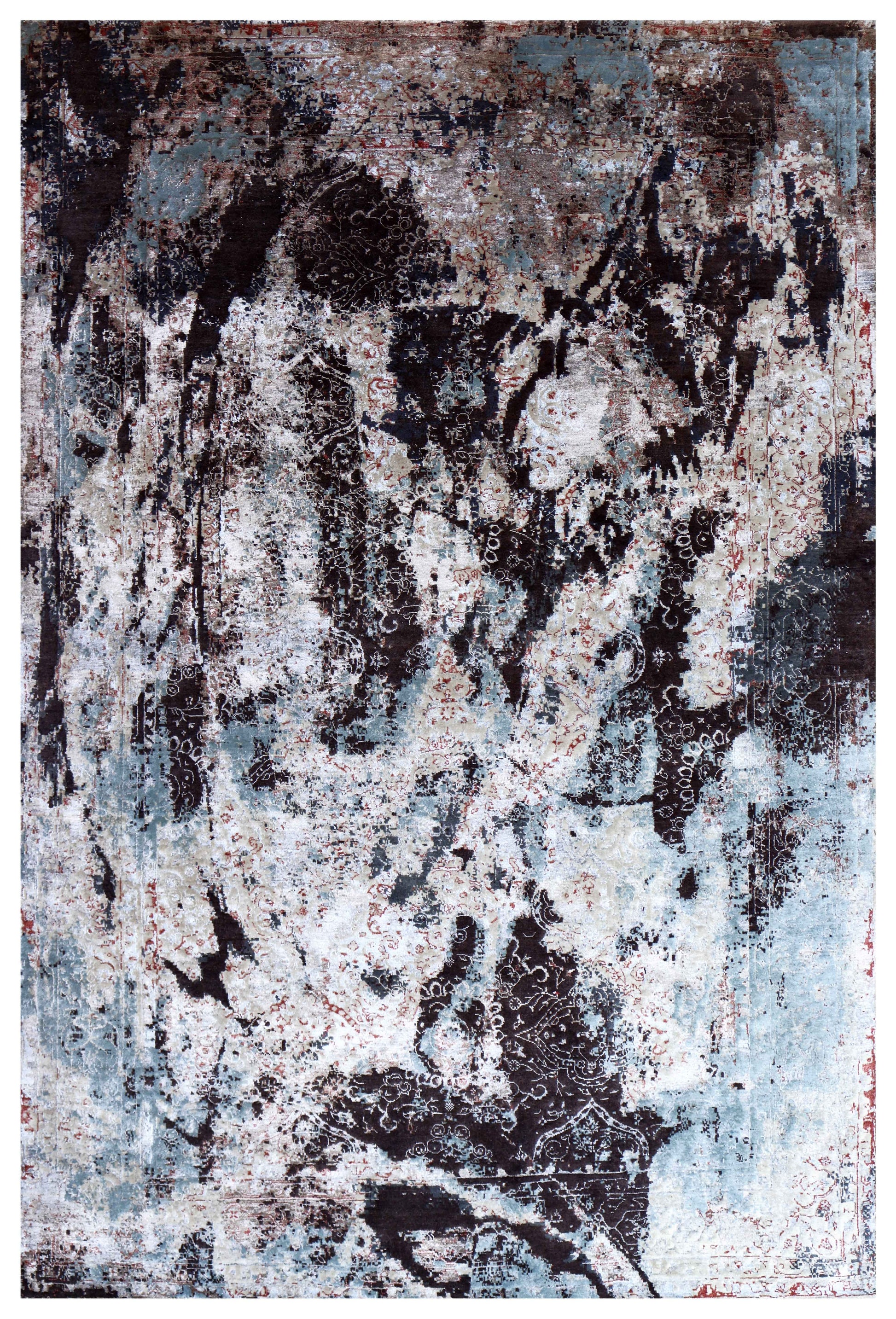 Charcoal Black Silver Ice Blue Crimson Gestural Abstract Hand Knotted Wool Bamboo Silk 6x9 Bhadohi Area Rug