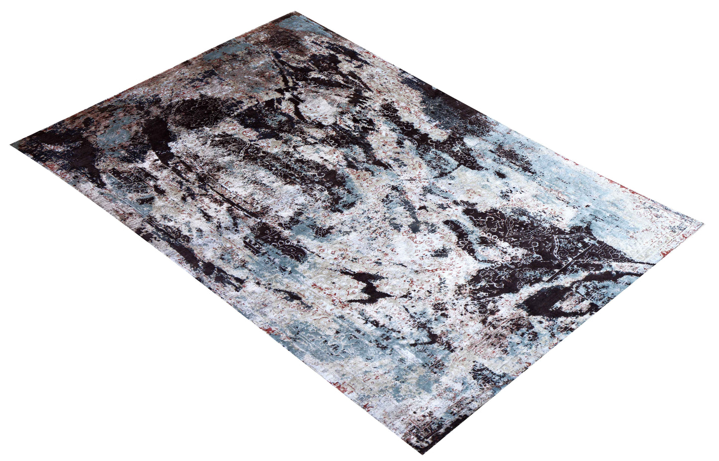 Charcoal Black Silver Ice Blue Crimson Gestural Abstract Hand Knotted Wool Bamboo Silk 6x9 Bhadohi Area Rug