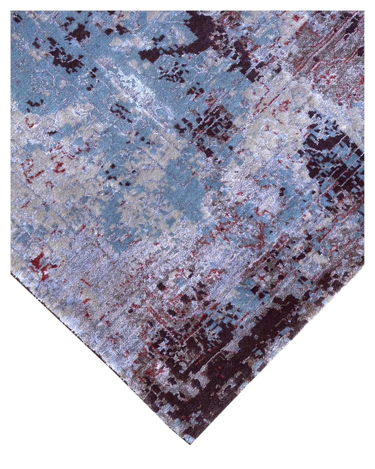 Charcoal Black Silver Ice Blue Crimson Gestural Abstract Hand Knotted Wool Bamboo Silk 6x9 Bhadohi Area Rug