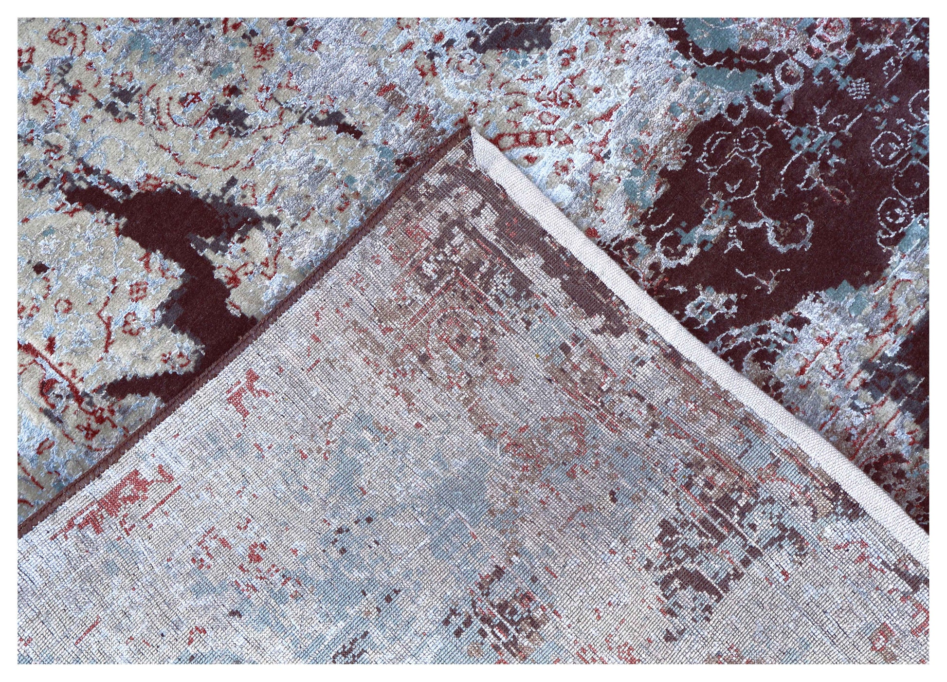 Charcoal Black Silver Ice Blue Crimson Gestural Abstract Hand Knotted Wool Bamboo Silk 6x9 Bhadohi Area Rug