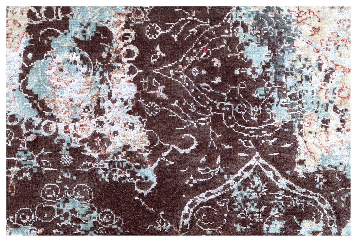 Charcoal Black Silver Ice Blue Crimson Gestural Abstract Hand Knotted Wool Bamboo Silk 6x9 Bhadohi Area Rug