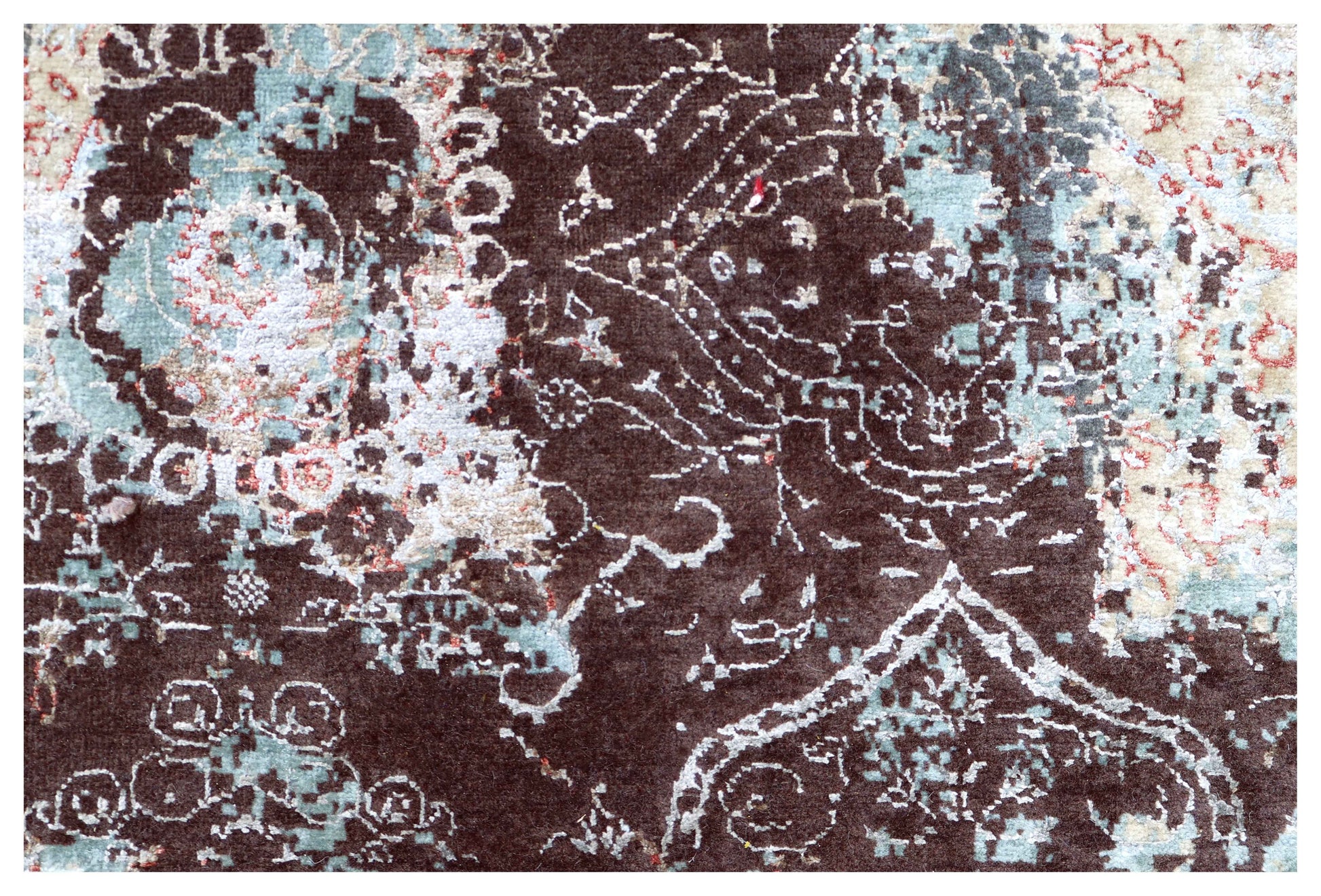 Charcoal Black Silver Ice Blue Crimson Gestural Abstract Hand Knotted Wool Bamboo Silk 6x9 Bhadohi Area Rug