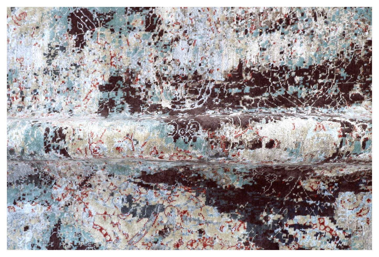 Charcoal Black Silver Ice Blue Crimson Gestural Abstract Hand Knotted Wool Bamboo Silk 6x9 Bhadohi Area Rug