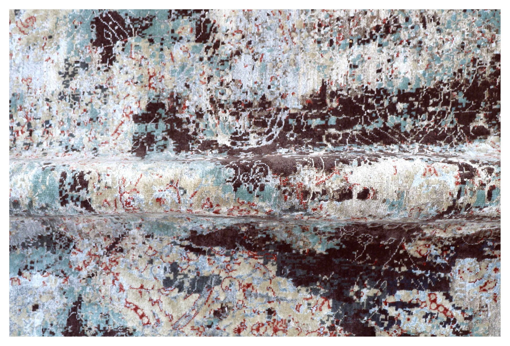 Charcoal Black Silver Ice Blue Crimson Gestural Abstract Hand Knotted Wool Bamboo Silk 6x9 Bhadohi Area Rug