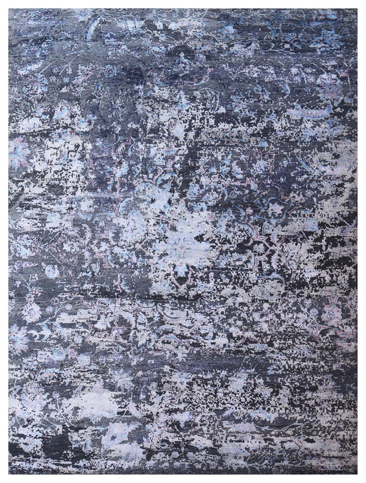Charcoal Black Silver Ivory Eroded Floral Modern Abstract Hand Knotted Wool Viscose 9x12 Bhadohi Area Rug