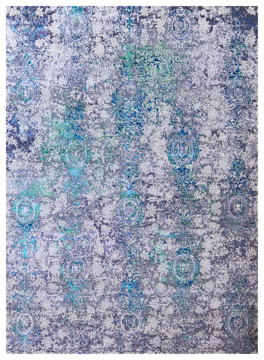 Silver Grey Teal Turquoise Blue Green Eroded Medallion Hand Knotted Wool Viscose 9x12 Bhadohi Area Rug