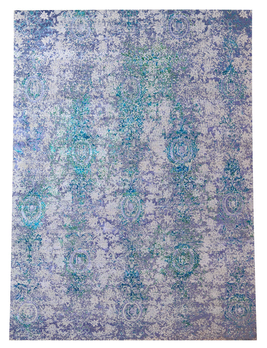 Silver Lavender Periwinkle Teal Aqua Eroded Medallion Hand Knotted Wool Viscose 9x12 Bhadohi Area Rug