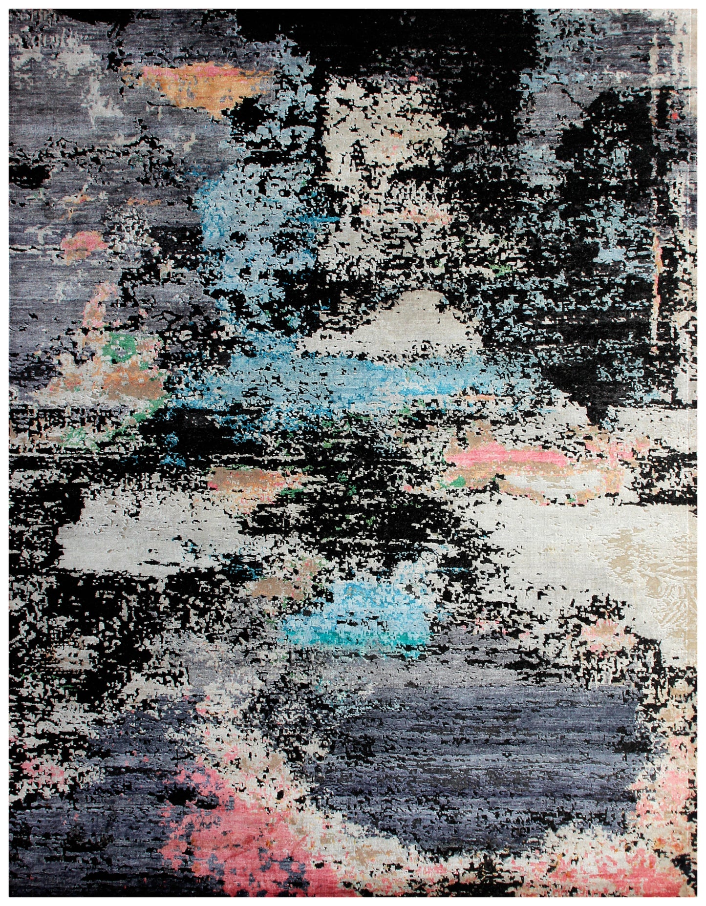 7.6x10 Turquoise Pink Grey Vintage Antique Wool Viscose Area Rug - Hand Knotted Abstract Distressed