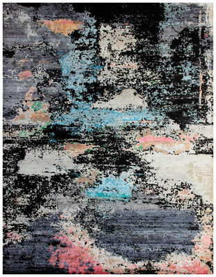 7.6x10 Turquoise Pink Grey Vintage Antique Wool Viscose Area Rug - Hand Knotted Abstract Distressed