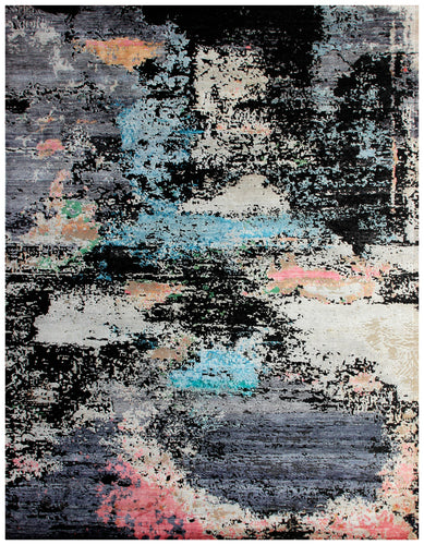 7.6x10 Turquoise Pink Grey Vintage Antique Wool Viscose Area Rug - Hand Knotted Abstract Distressed