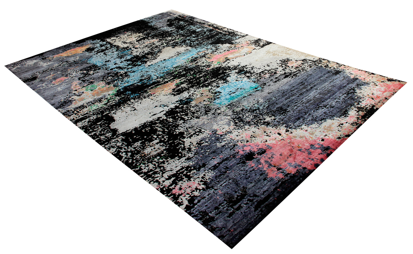 7.6x10 Turquoise Pink Grey Vintage Antique Wool Viscose Area Rug - Hand Knotted Abstract Distressed