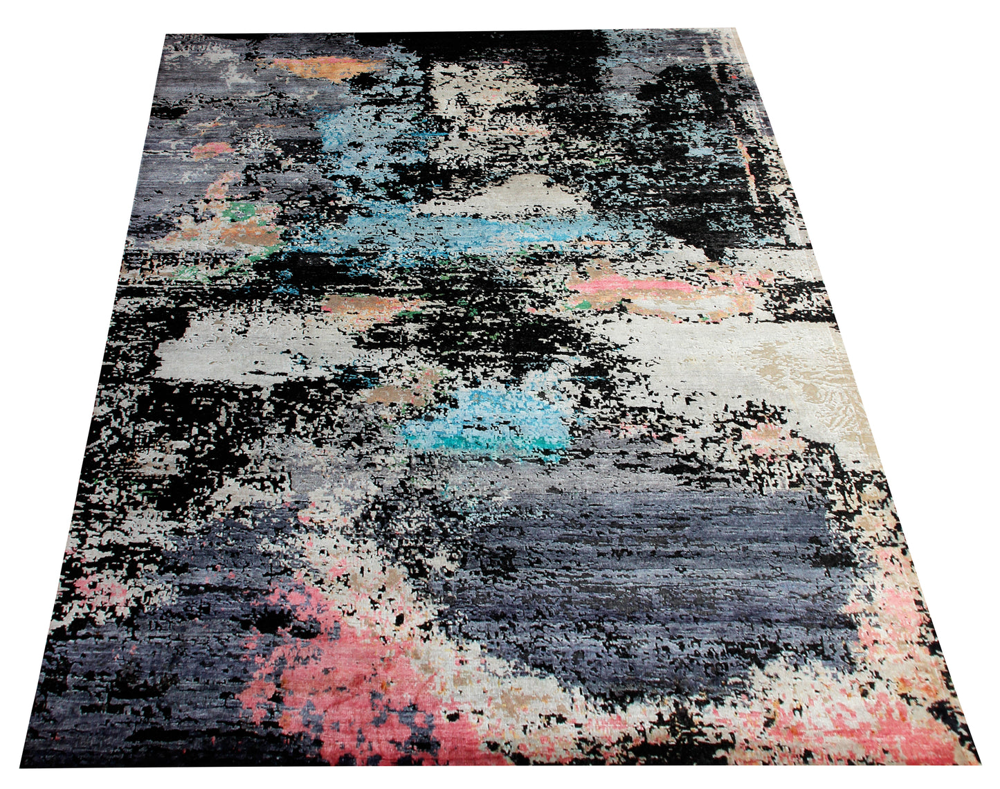 7.6x10 Turquoise Pink Grey Vintage Antique Wool Viscose Area Rug - Hand Knotted Abstract Distressed