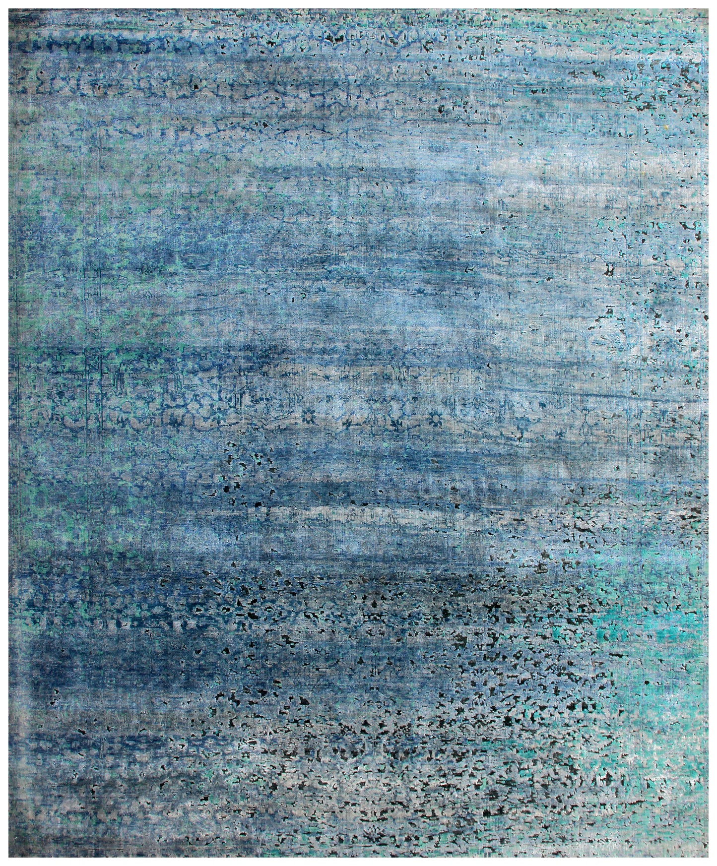 Vintage Antique Distressed 8x10 Wool Viscose Area Rug - Blue Turquoise Silver Hand Knotted Abstract
