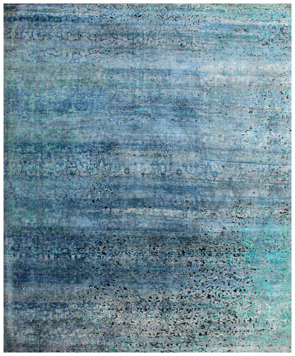 Vintage Antique Distressed 8x10 Wool Viscose Area Rug - Blue Turquoise Silver Hand Knotted Abstract