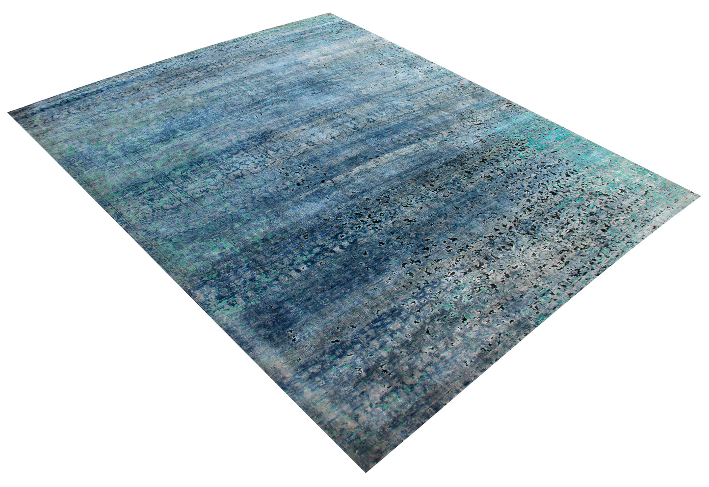 Vintage Antique Distressed 8x10 Wool Viscose Area Rug - Blue Turquoise Silver Hand Knotted Abstract