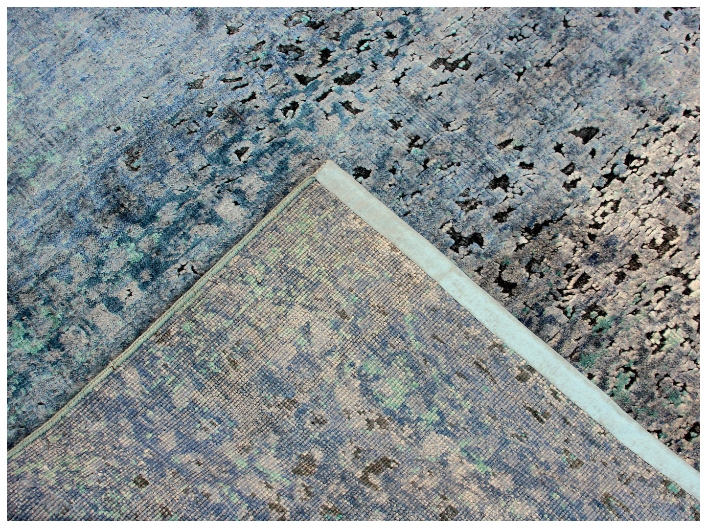 Vintage Antique Distressed 8x10 Wool Viscose Area Rug - Blue Turquoise Silver Hand Knotted Abstract