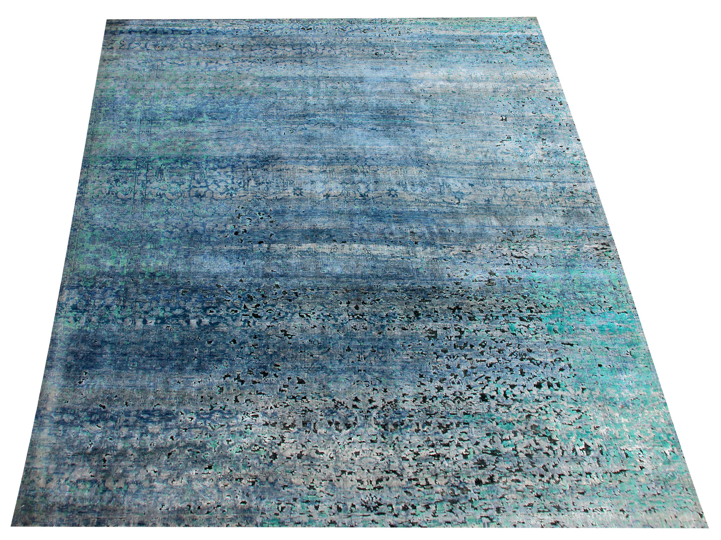 Vintage Antique Distressed 8x10 Wool Viscose Area Rug - Blue Turquoise Silver Hand Knotted Abstract