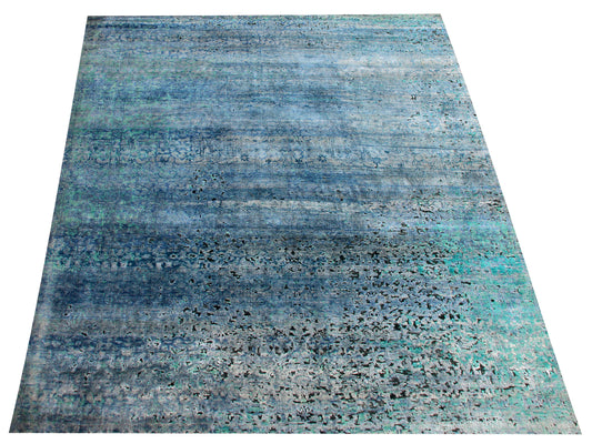 Vintage Antique Distressed 8x10 Wool Viscose Area Rug - Blue Turquoise Silver Hand Knotted Abstract