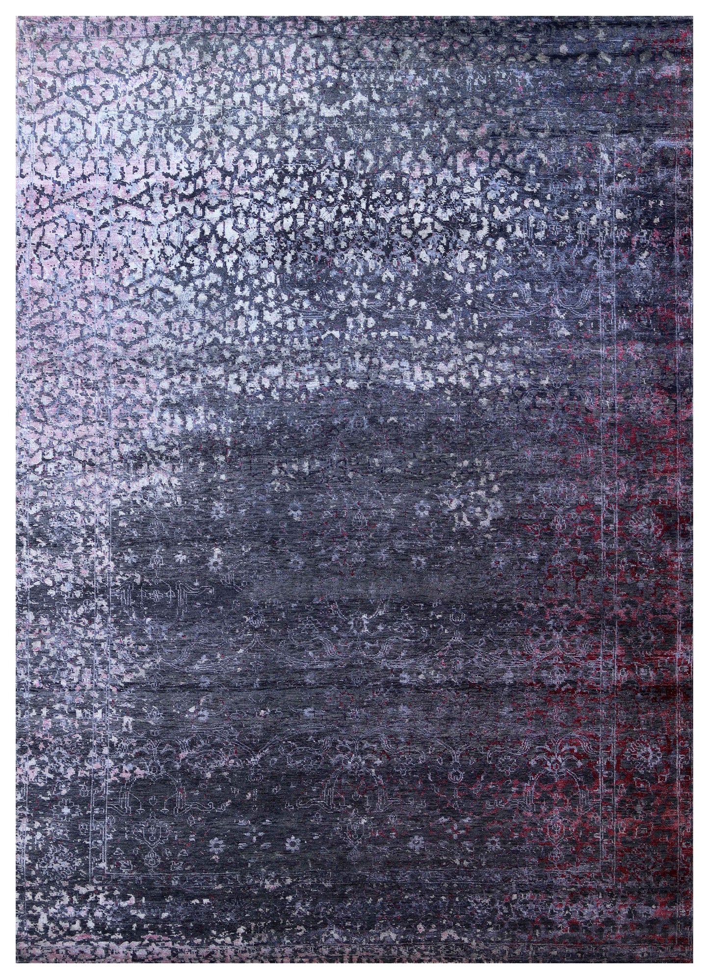 Charcoal Slate Silver Crimson Gradient Eroded Floral Hand Knotted Wool Viscose 9x12 Bhadohi Area Rug