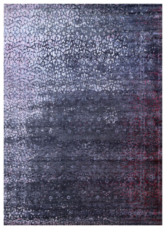 Charcoal Slate Silver Crimson Gradient Eroded Floral Hand Knotted Wool Viscose 9x12 Bhadohi Area Rug