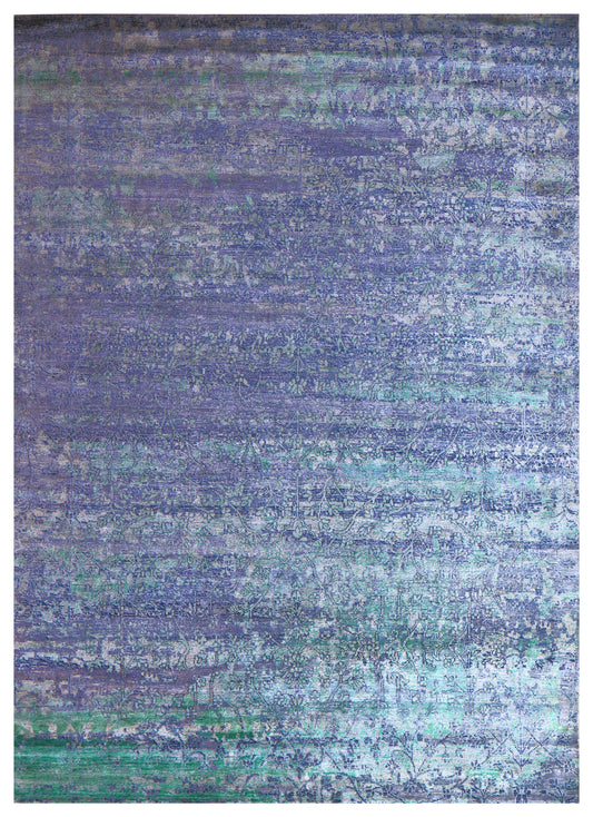Lavender Periwinkle Teal Emerald Green Gradient Eroded Floral Hand Knotted Wool Viscose 9x12 Bhadohi Area Rug