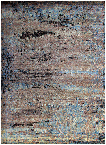 Hand Knotted Abstract 8x10 Area Rug - Brown Beige Turquoise Vintage Antique Wool Viscose Distressed