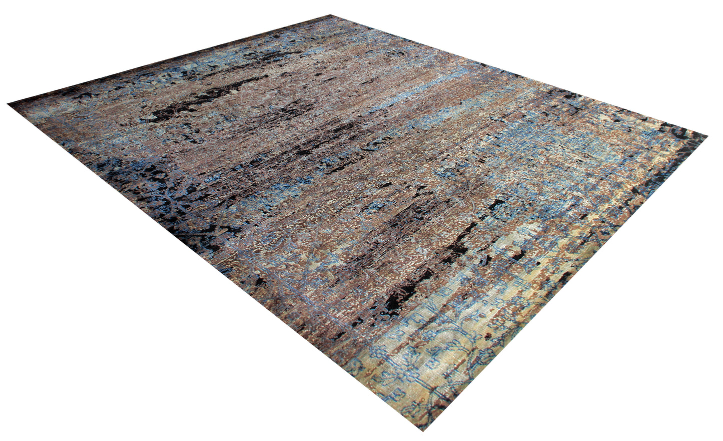 Hand Knotted Abstract 8x10 Area Rug - Brown Beige Turquoise Vintage Antique Wool Viscose Distressed