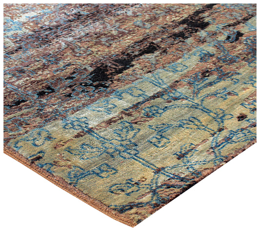 Hand Knotted Abstract 8x10 Area Rug - Brown Beige Turquoise Vintage Antique Wool Viscose Distressed