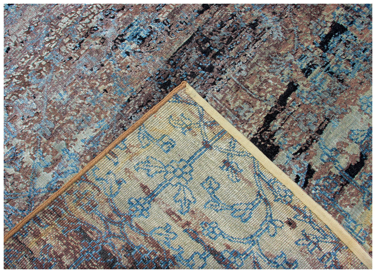 Hand Knotted Abstract 8x10 Area Rug - Brown Beige Turquoise Vintage Antique Wool Viscose Distressed