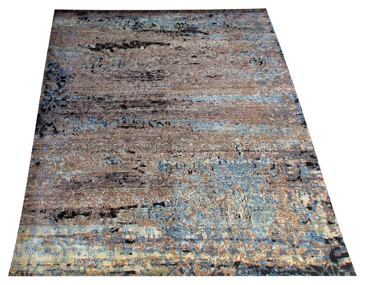 Hand Knotted Abstract 8x10 Area Rug - Brown Beige Turquoise Vintage Antique Wool Viscose Distressed