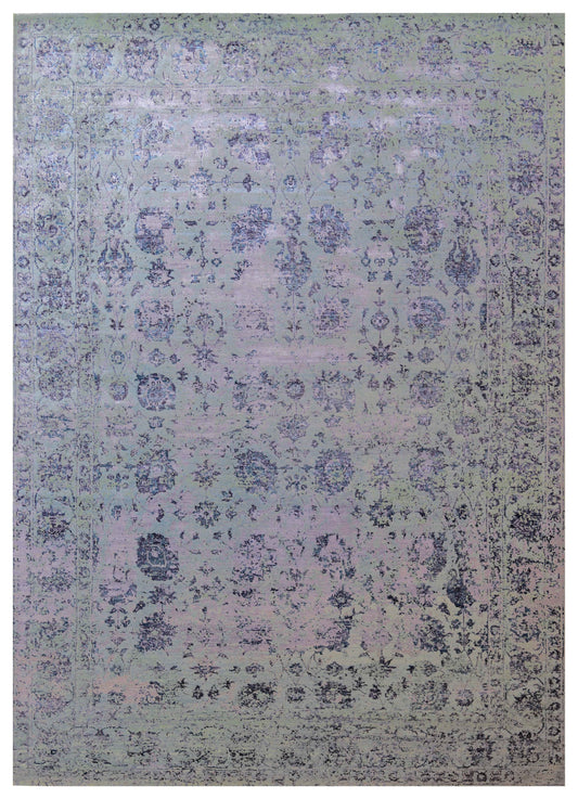 Silver Ice Blue Navy Periwinkle Traditional Persian Floral Hand Knotted Wool Viscose 9x12 Bhadohi Area Rug