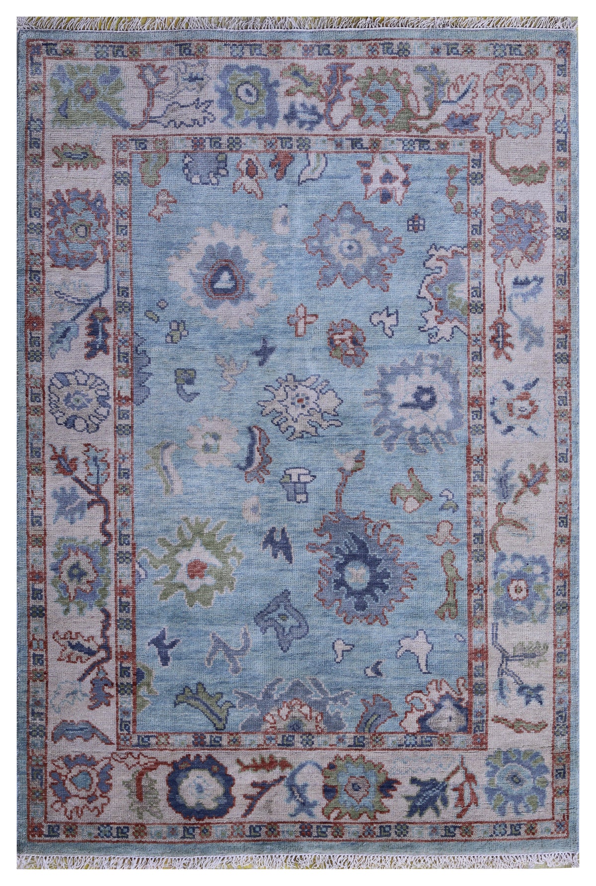 Light Blue Ivory Floral Oriental Oushak Hand Knotted 5.6x8 Area Rug