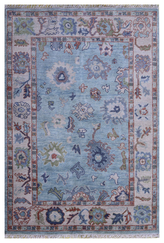 Light Blue Ivory Floral Oriental Oushak Hand Knotted 5.6x8 Area Rug