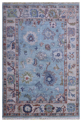 Light Blue Ivory Floral Oriental Oushak Hand Knotted 5.6x8 Area Rug